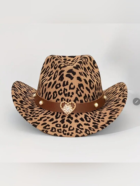 Just Jen Accessories - Leopard Print Cowboy Hat with Brown Studded Band and Heart Accent